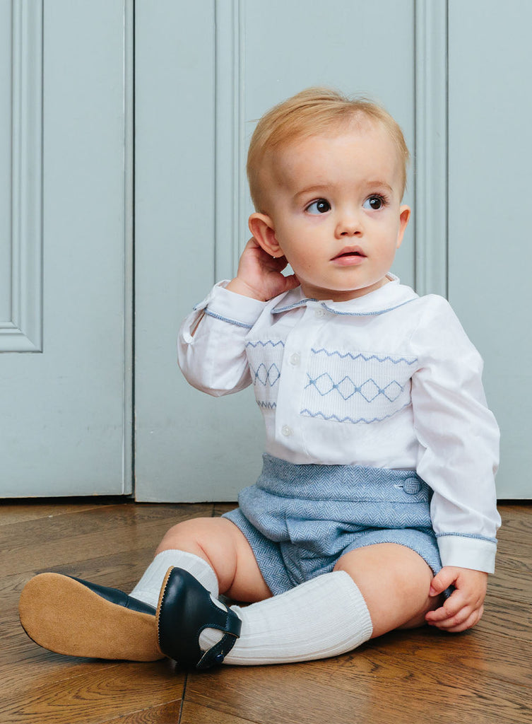 Trotters Heritage Baby Boys Rupert Smocked Set White Pale Blue