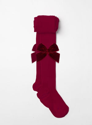 Chelsea Clothing Company Tights Velvet Bow Tights in Burgundy - Trotters Childrenswear