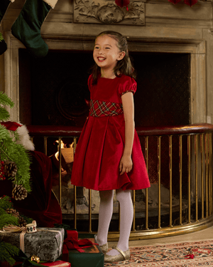 Lily Rose Gold Dress Velvet Party Dress in Red Tartan