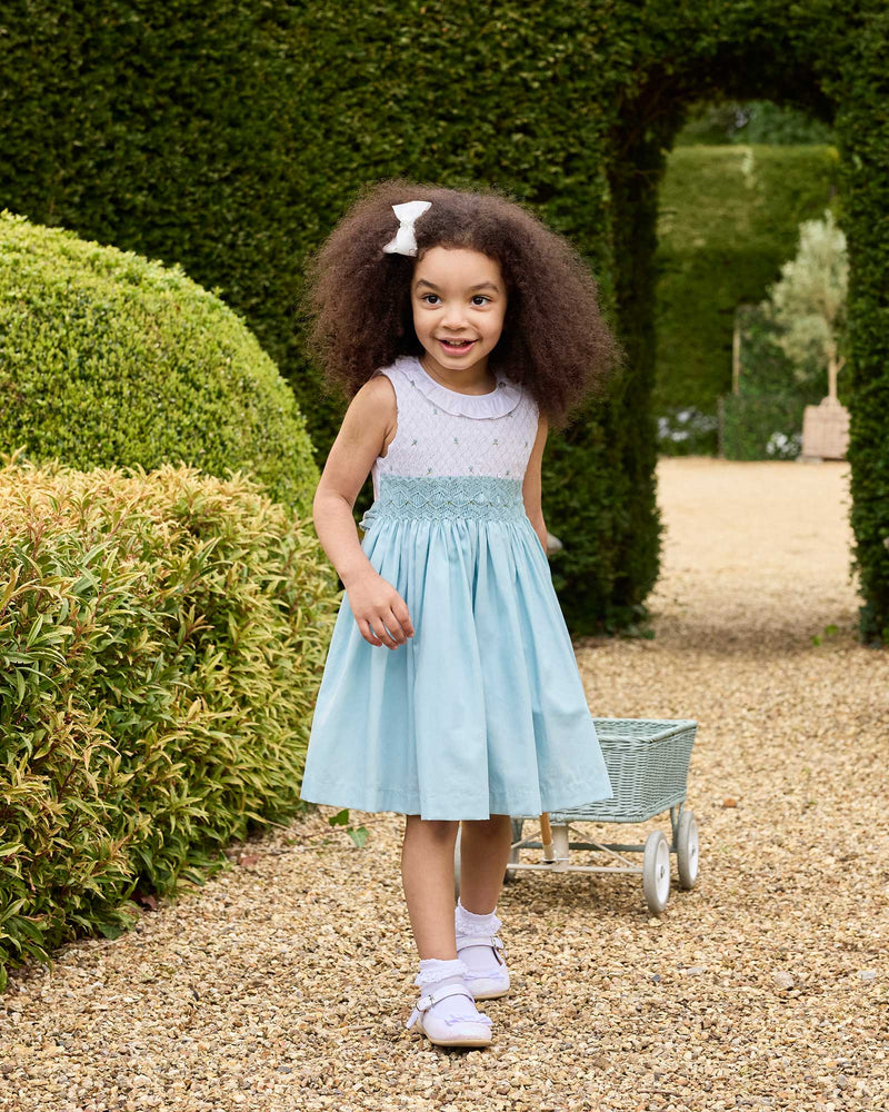 Lily Rose Dress Sleeveless Willow Hand Smocked Dress in Sea Blue