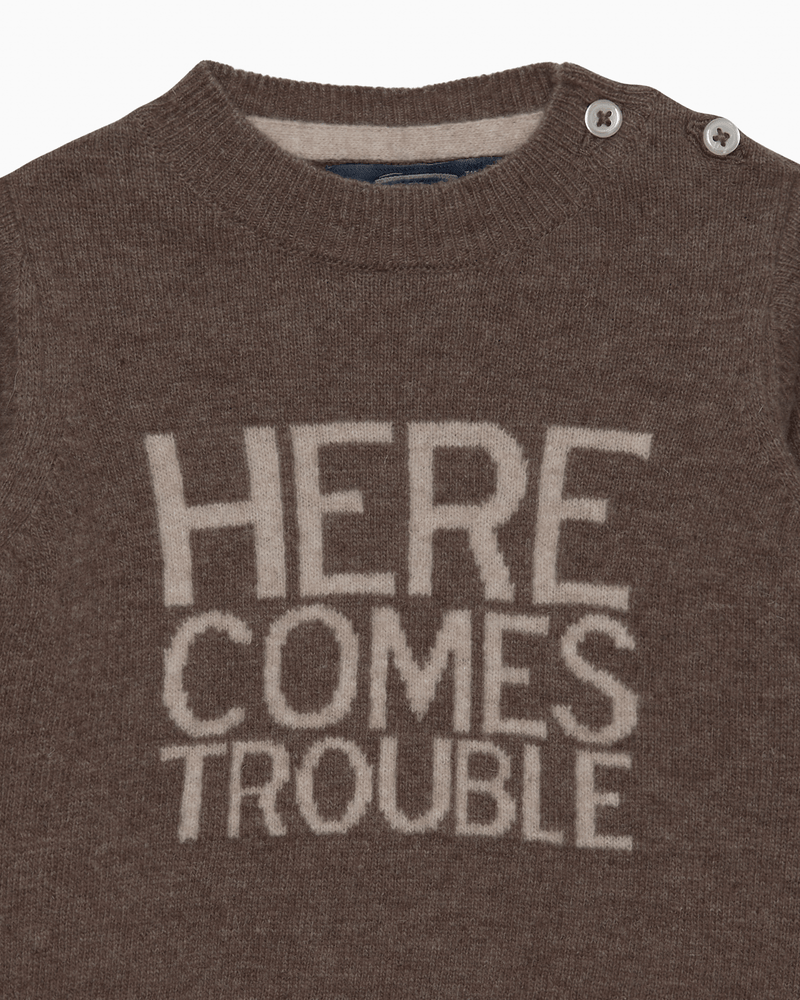 Chelsea Clothing Company Jumper Baby Here Comes Trouble Jumper in Brown Marl