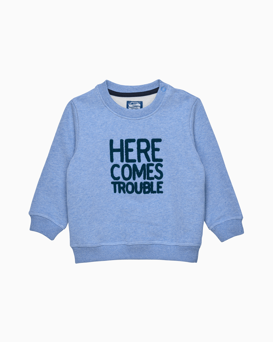 Chelsea Clothing Company Sweatshirt Baby Here Comes Trouble Sweatshirt in Pale Blue Marl