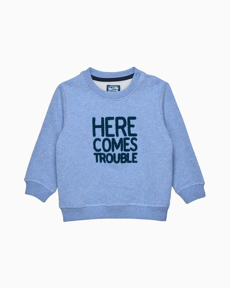 Chelsea Clothing Company Sweatshirt Baby Here Comes Trouble Sweatshirt in Pale Blue Marl