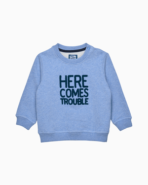 Chelsea Clothing Company Sweatshirt Baby Here Comes Trouble Sweatshirt in Pale Blue Marl