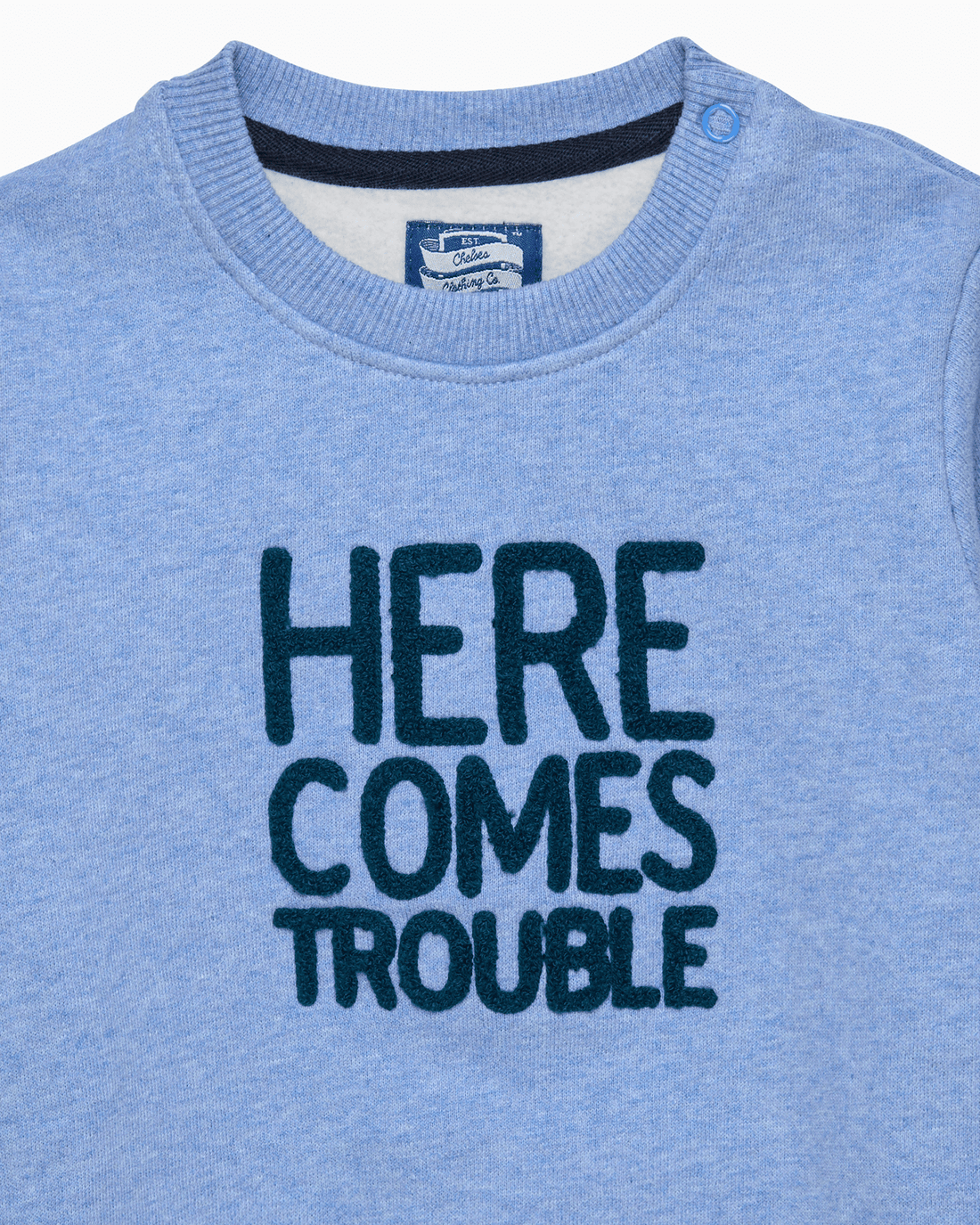 Chelsea Clothing Company Sweatshirt Baby Here Comes Trouble Sweatshirt in Pale Blue Marl