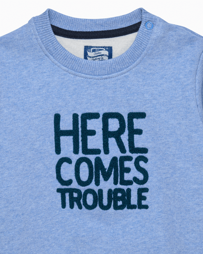 Chelsea Clothing Company Sweatshirt Baby Here Comes Trouble Sweatshirt in Pale Blue Marl