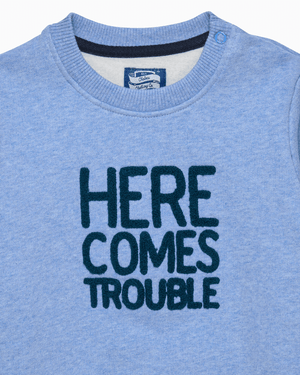 Chelsea Clothing Company Sweatshirt Baby Here Comes Trouble Sweatshirt in Pale Blue Marl