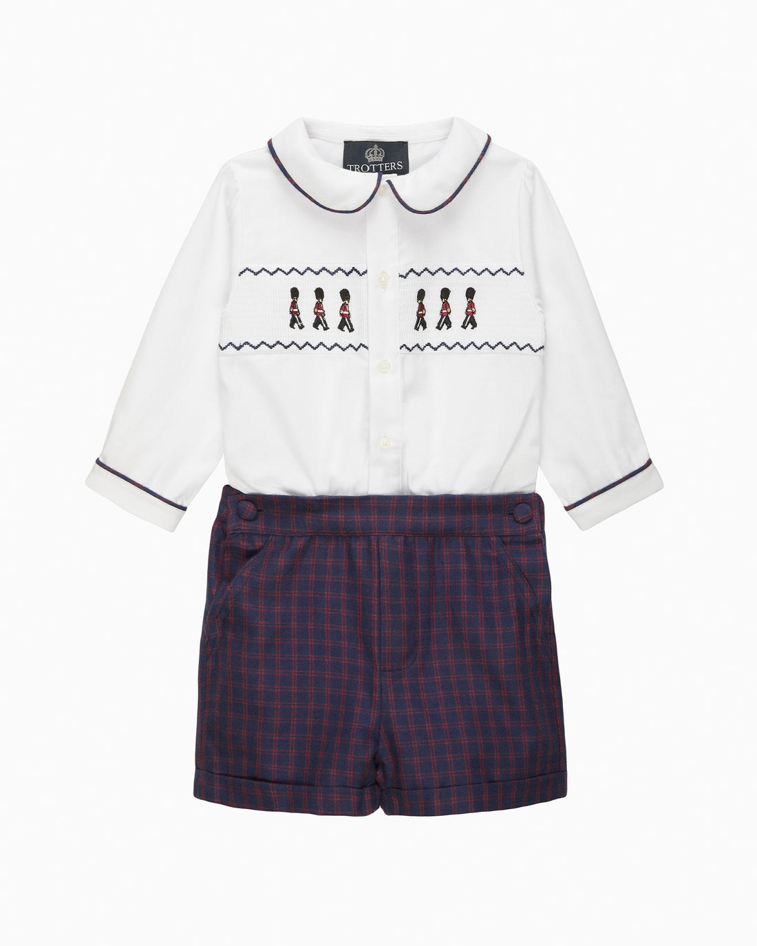 Trotters Heritage Set The Rupert Smocked Set in White/Navy Check Guardsman