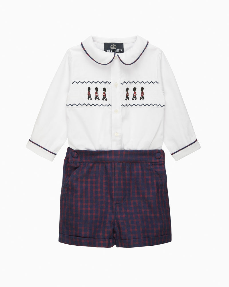 Trotters Heritage Set The Rupert Smocked Set in White/Navy Check Guardsman