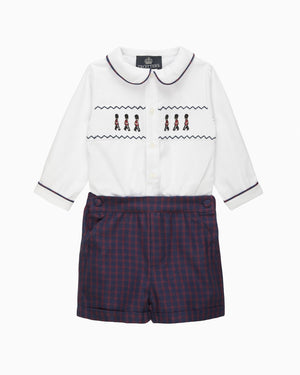 Trotters Heritage Set The Rupert Smocked Set in White/Navy Check Guardsman
