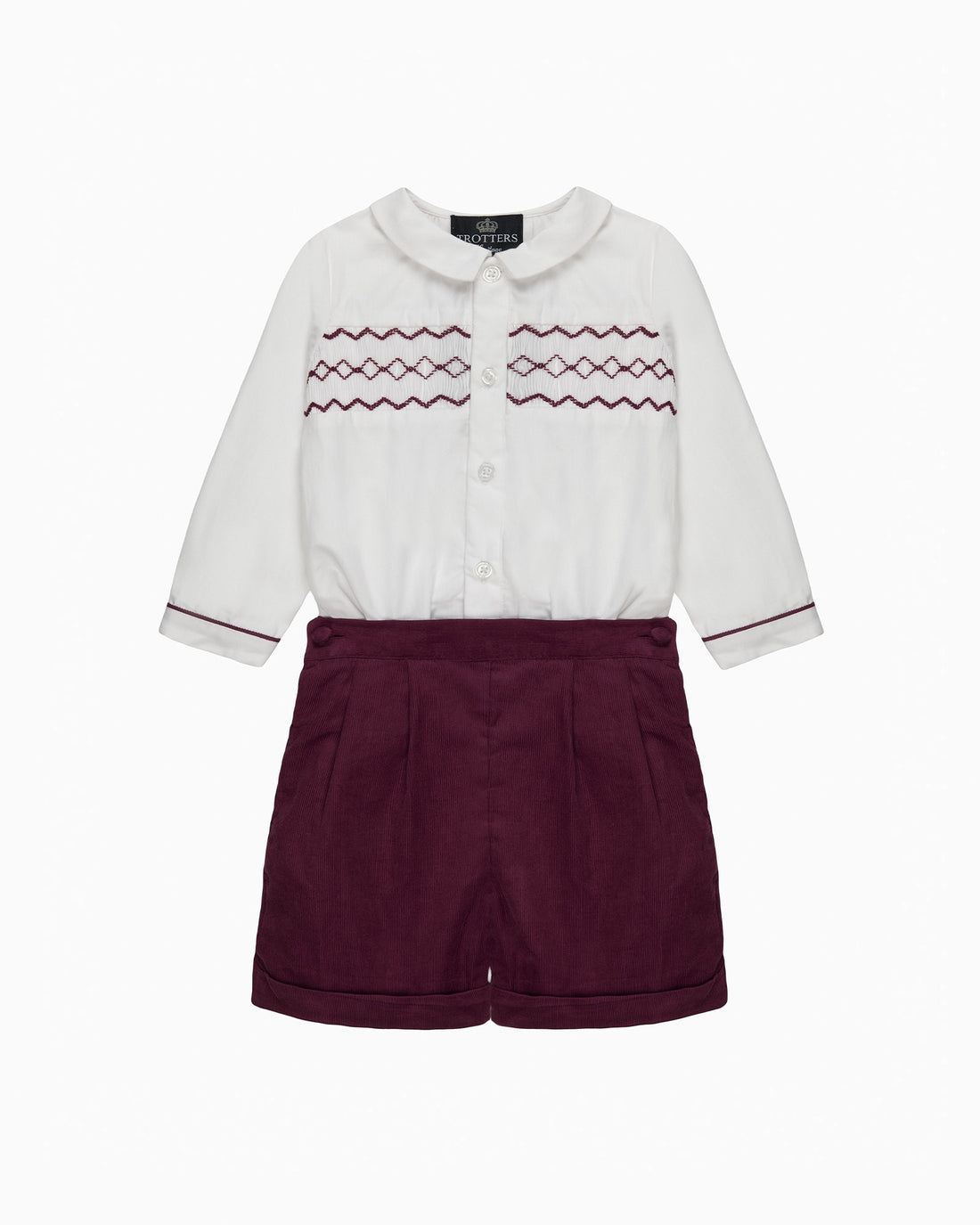 Trotters Heritage Set The Rupert Smocked Set in White/Burgundy