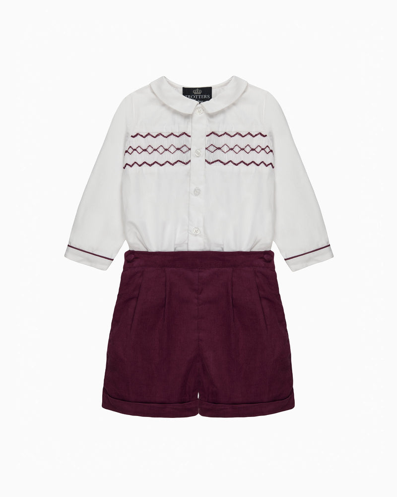 Trotters Heritage Set The Rupert Smocked Set in White/Burgundy