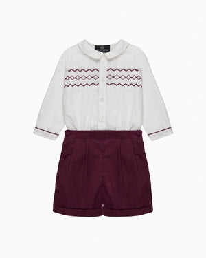 Trotters Heritage Set The Rupert Smocked Set in White/Burgundy
