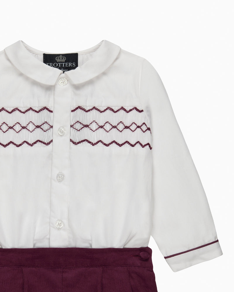 Trotters Heritage Set The Rupert Smocked Set in White/Burgundy