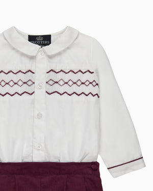 Trotters Heritage Set The Rupert Smocked Set in White/Burgundy