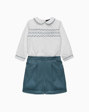 Trotters Heritage Set The Rupert Smocked Set in White/French Blue
