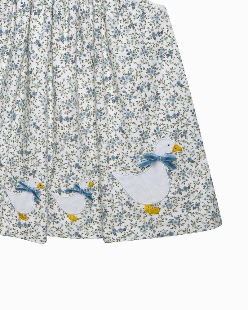 Confiture Dress Baby Cord Ditsy Floral Duck Pinafore in Blue