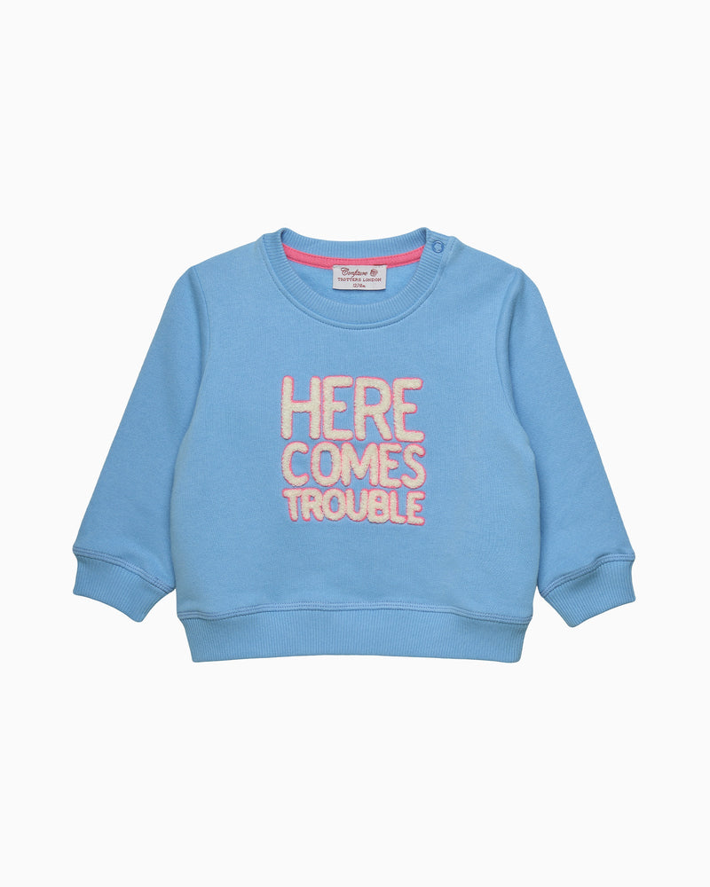 Confiture Sweatshirt Baby Here Comes Trouble Sweatshirt in Blue/Pink