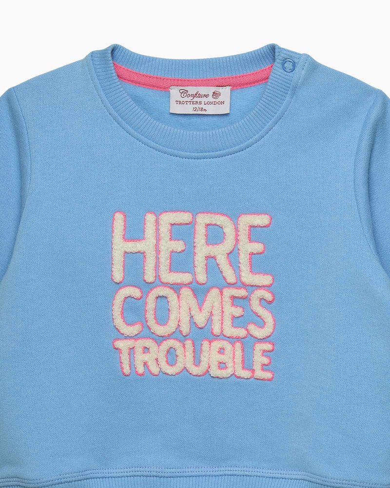 Confiture Sweatshirt Baby Here Comes Trouble Sweatshirt in Blue/Pink