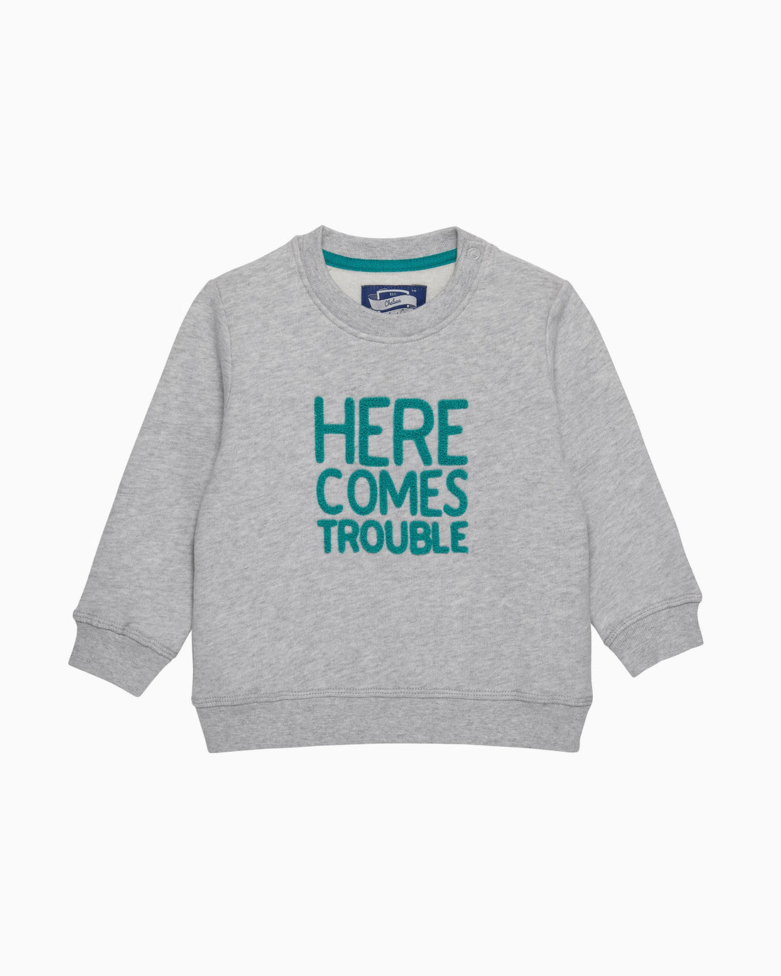 Chelsea Clothing Company Sweatshirt Baby Here Comes Trouble Sweatshirt in Grey/Green