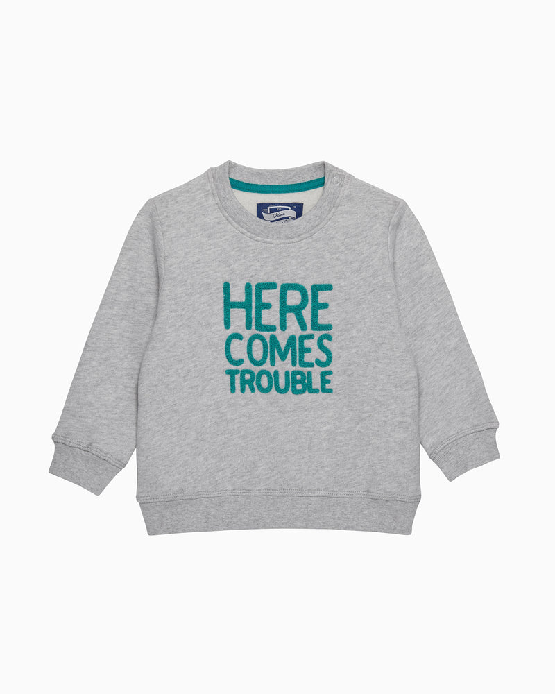 Chelsea Clothing Company Sweatshirt Baby Here Comes Trouble Sweatshirt in Grey/Green