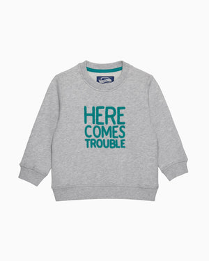 Chelsea Clothing Company Sweatshirt Baby Here Comes Trouble Sweatshirt in Grey/Green