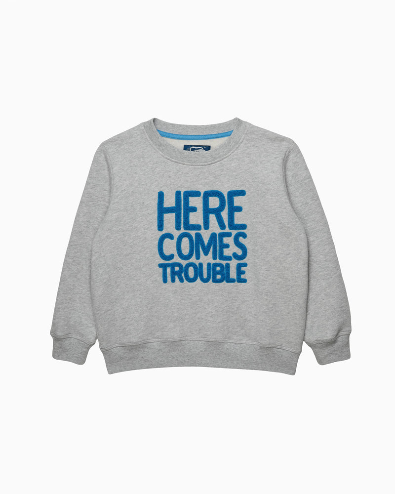 Chelsea Clothing Company Sweatshirt Here Comes Trouble Sweatshirt in Grey Marl