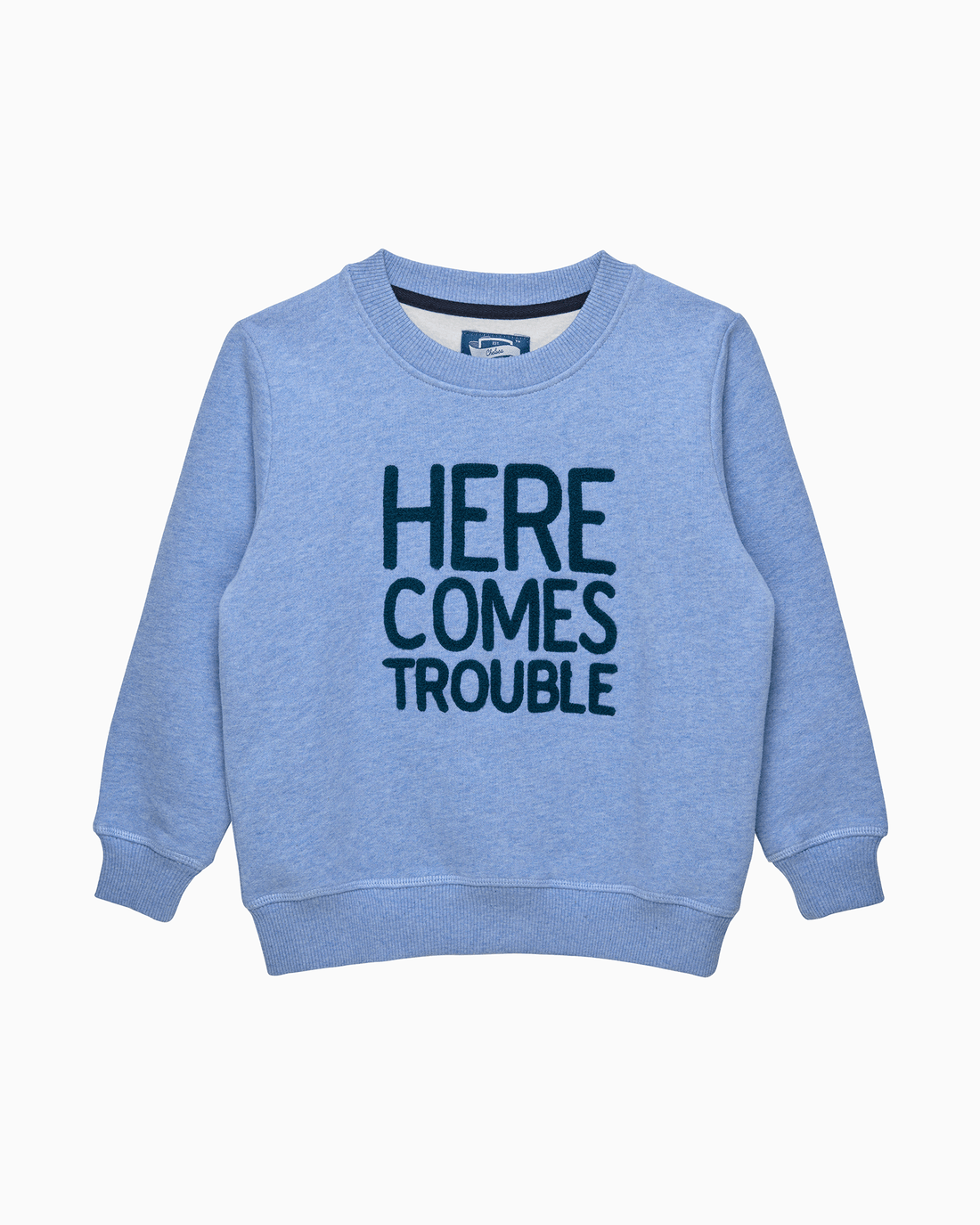 Chelsea Clothing Company Sweatshirt Here Comes Trouble Sweatshirt in Pale Blue Marl