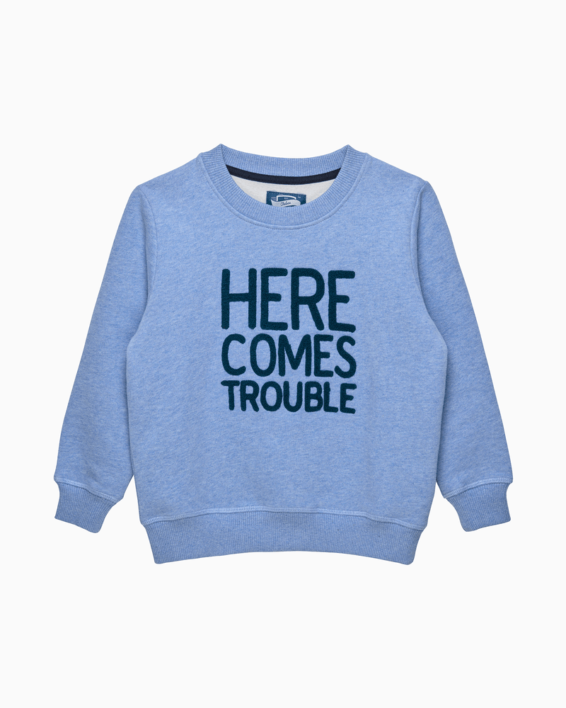 Chelsea Clothing Company Sweatshirt Here Comes Trouble Sweatshirt in Pale Blue Marl