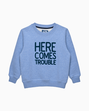 Chelsea Clothing Company Sweatshirt Here Comes Trouble Sweatshirt in Pale Blue Marl