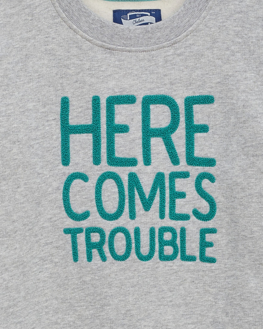 Chelsea Clothing Company Sweatshirt Here Comes Trouble Sweatshirt in Grey/Green
