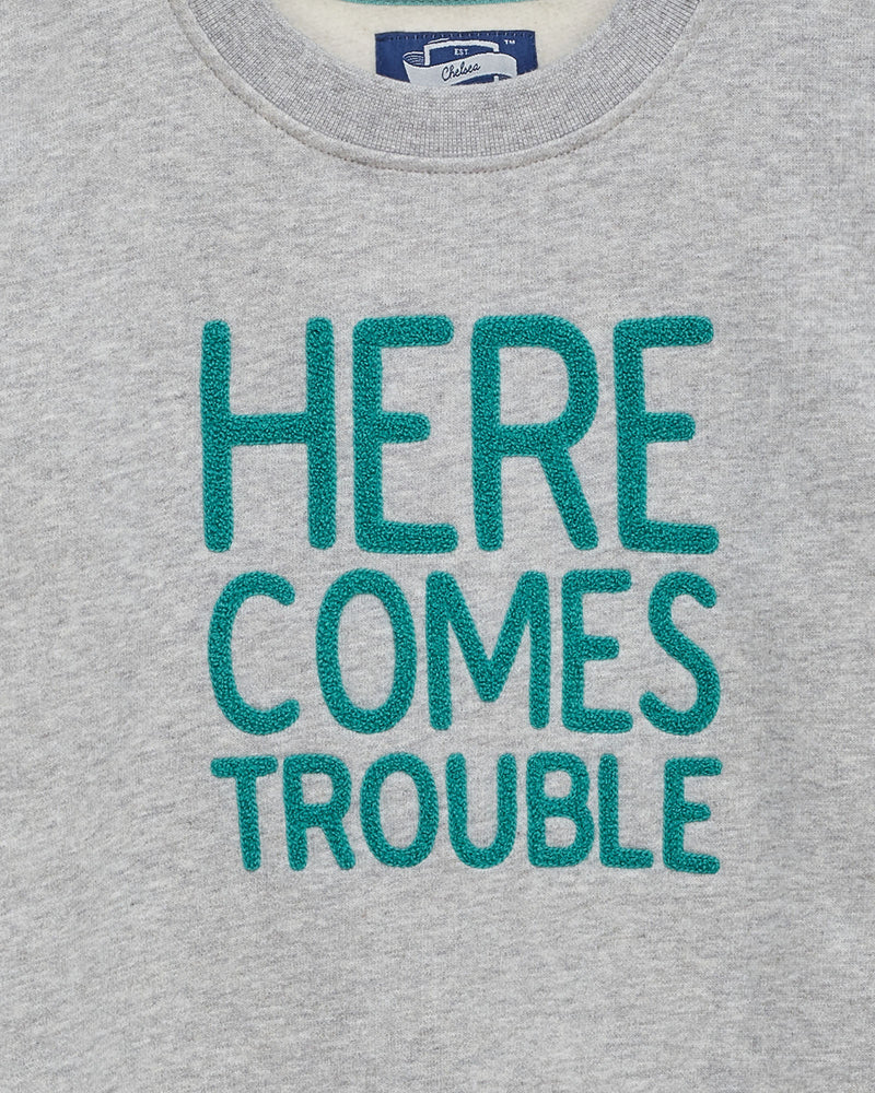Chelsea Clothing Company Sweatshirt Here Comes Trouble Sweatshirt in Grey/Green