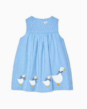Confiture Dress Baby Duck Smocked Pinafore in Blue Cord