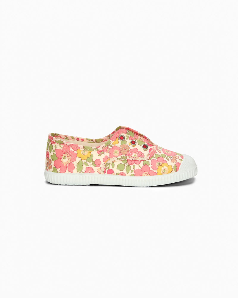 Hampton Canvas Canvas Shoes Hampton Canvas Plum Print Plimsolls in Peach Sparkle Betsy