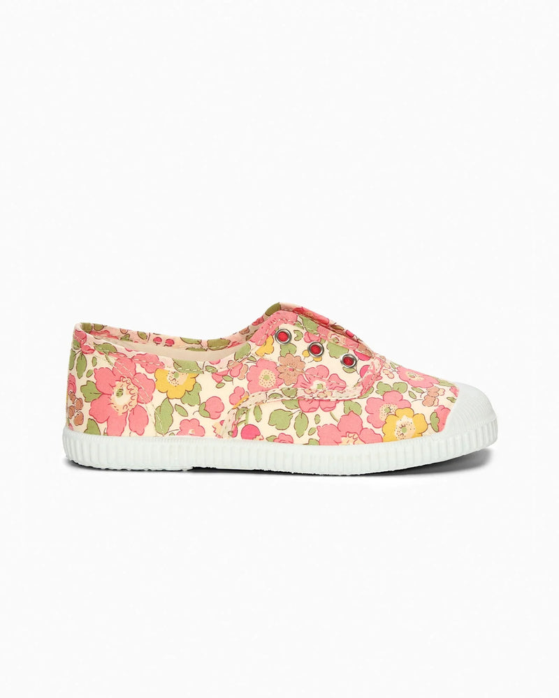 Hampton Canvas Canvas Shoes Hampton Canvas Plum Print Plimsolls in Peach Sparkle Betsy