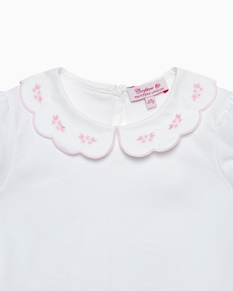 Confiture Top Ava Embroidered Petal Jersey Top in White/Pink