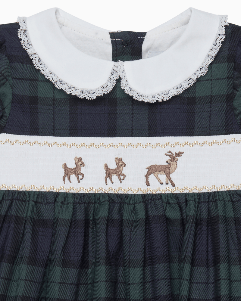 Lapinou Dress Baby Reindeer Smocked Dress in Navy Tartan