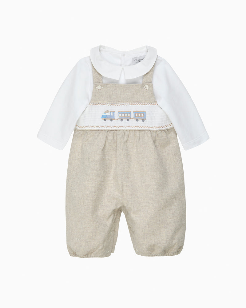 Lapinou Dungaree Baby Smocked Dungaree Set in Train