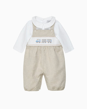 Lapinou Dungaree Baby Smocked Dungaree Set in Train