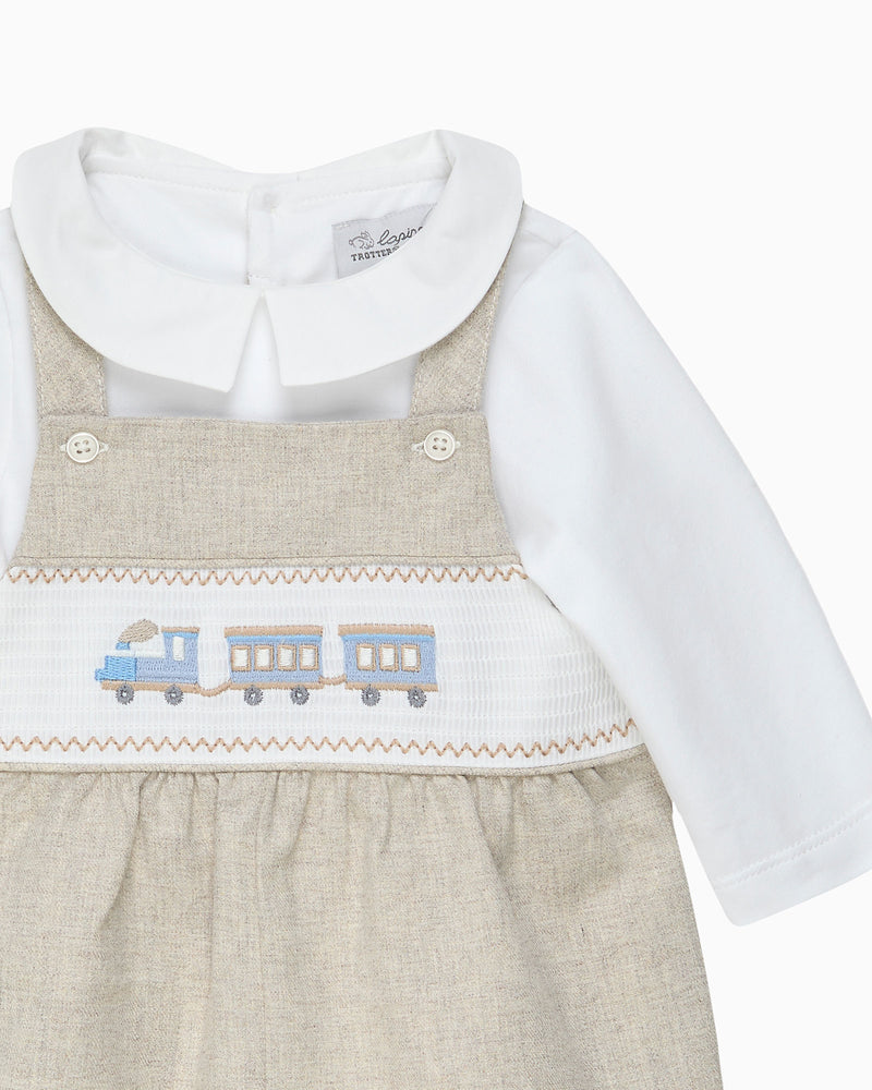 Lapinou Dungaree Baby Smocked Dungaree Set in Train