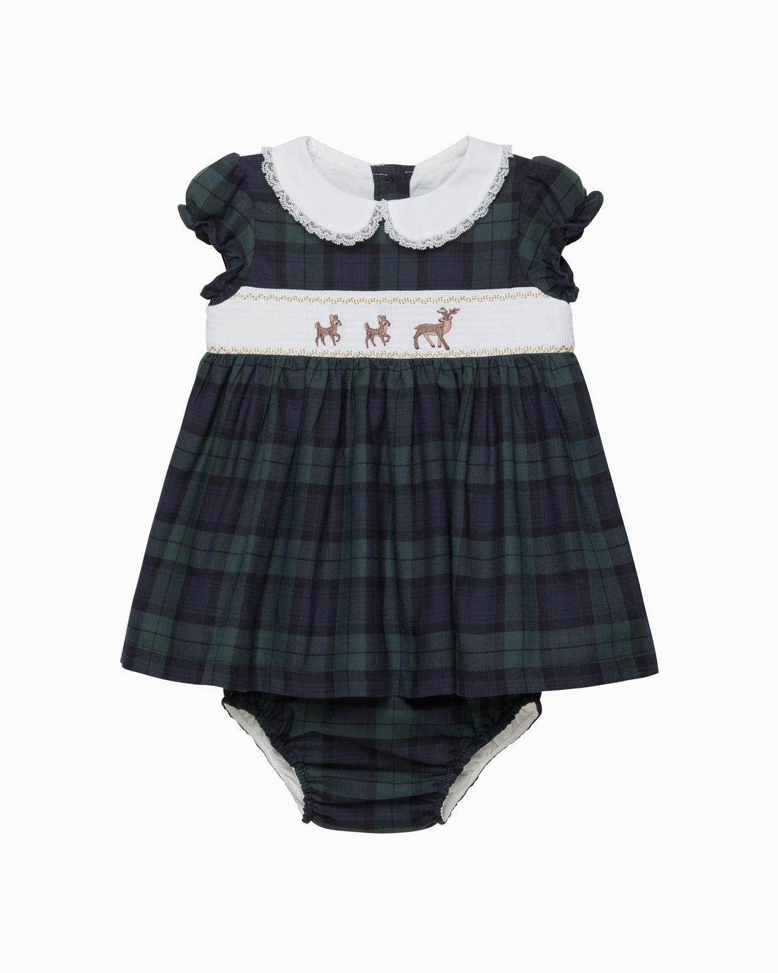 Lapinou Dress Baby Reindeer Smocked Dress in Navy Tartan