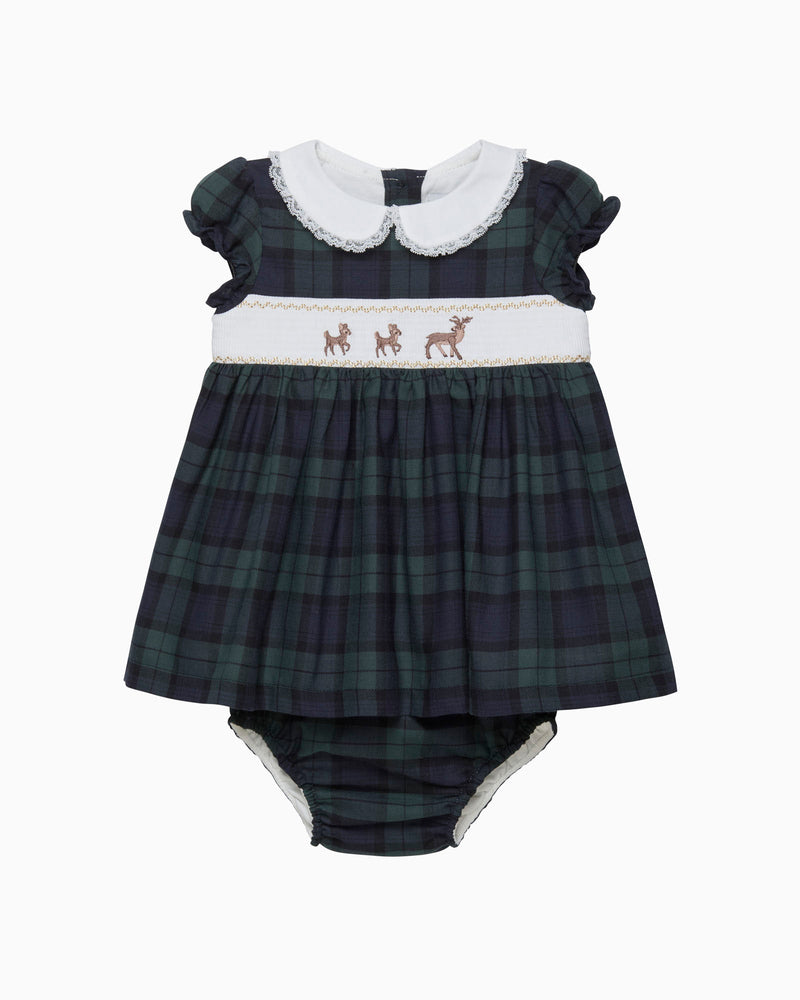 Lapinou Dress Baby Reindeer Smocked Dress in Navy Tartan