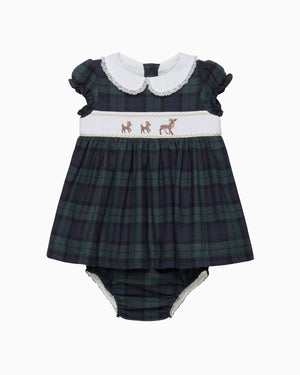 Lapinou Dress Baby Reindeer Smocked Dress in Navy Tartan