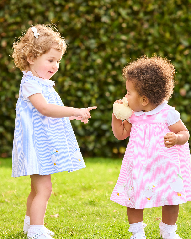 Confiture Dress Baby Duck Pinafore in Blue Stripe
