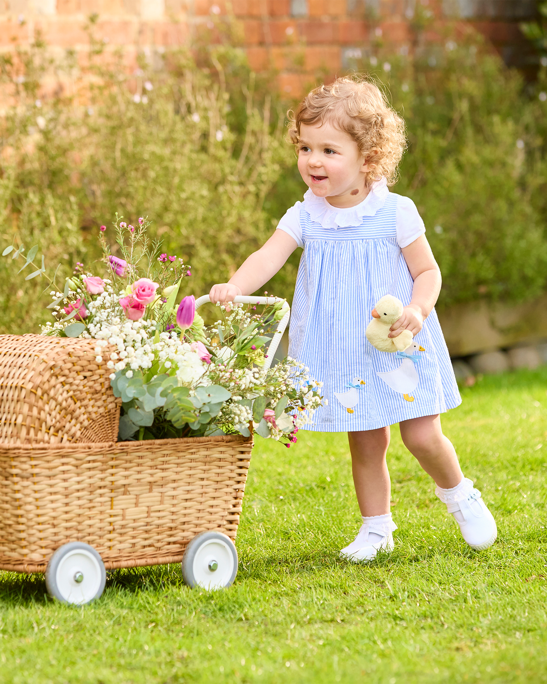 Confiture Dress Baby Duck Pinafore in Blue Stripe