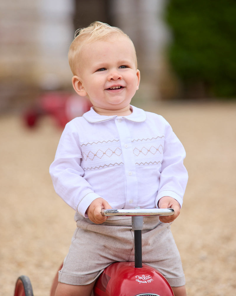 Trotters Heritage Set The Rupert Smocked Set in White/Oatmeal Flannel
