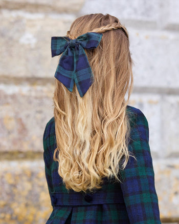 Confiture Clip Long Bow Hair Clip in Navy/Green Tartan