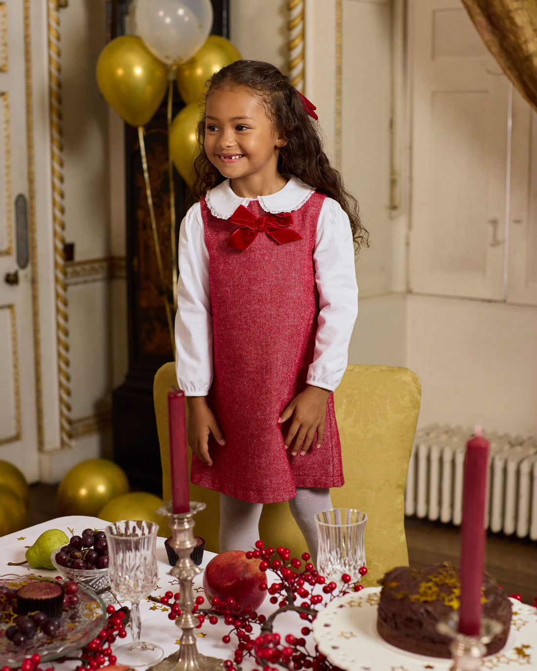 Georgina Bow Dress in Red Herringbone