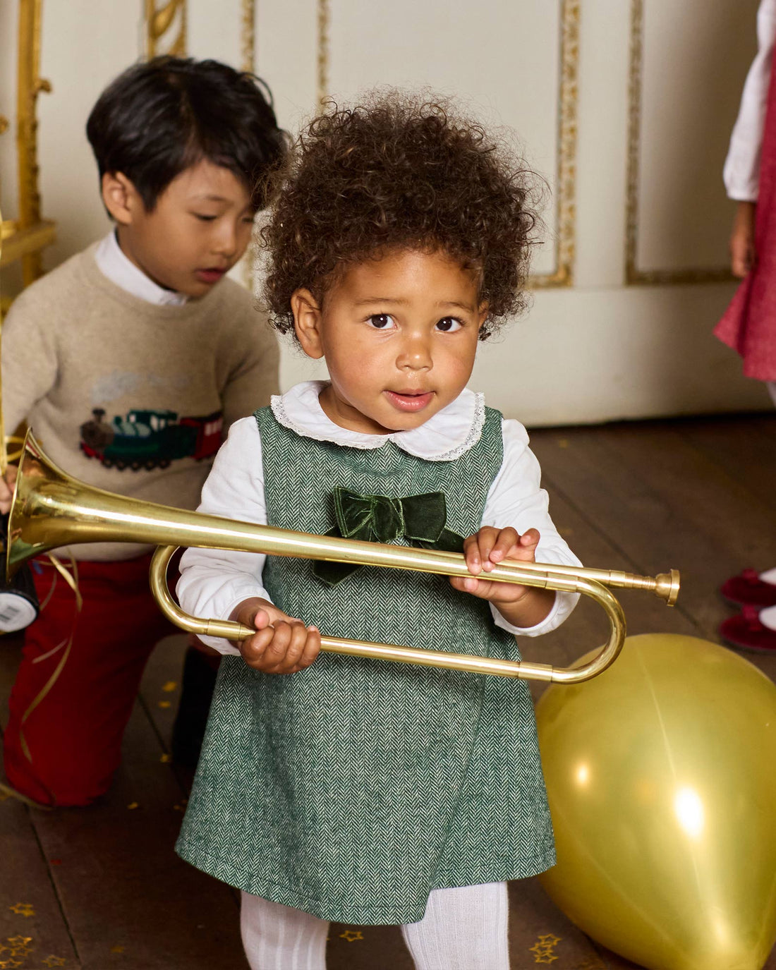 Confiture Dress Baby Georgina Bow Dress in Green Herringbone
