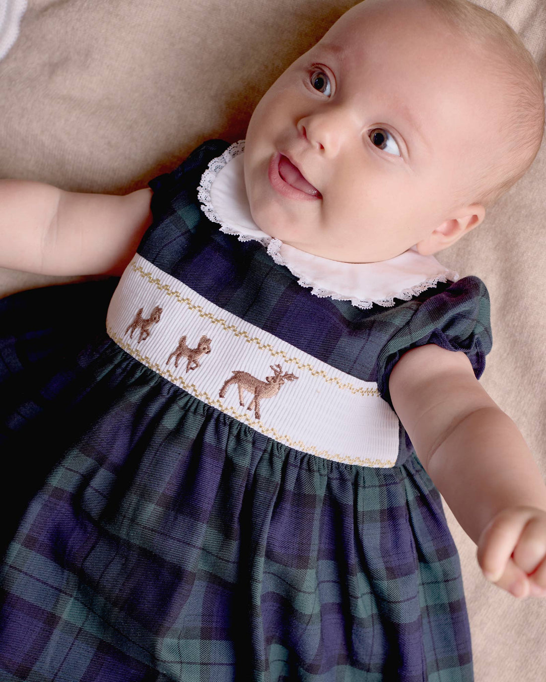 Lapinou Dress Baby Reindeer Smocked Dress in Navy Tartan